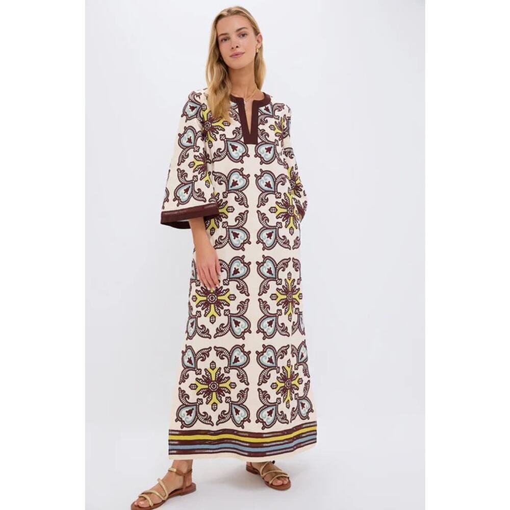 TUCKERNUCK Citron and Slate Blue Embroidered Lorena Caftan Size XXS NWT